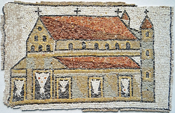 An Eastern Roman mosaic showing a basilica with towers, mounted with Christian crosses, 5th century, Louvre-web.jpg